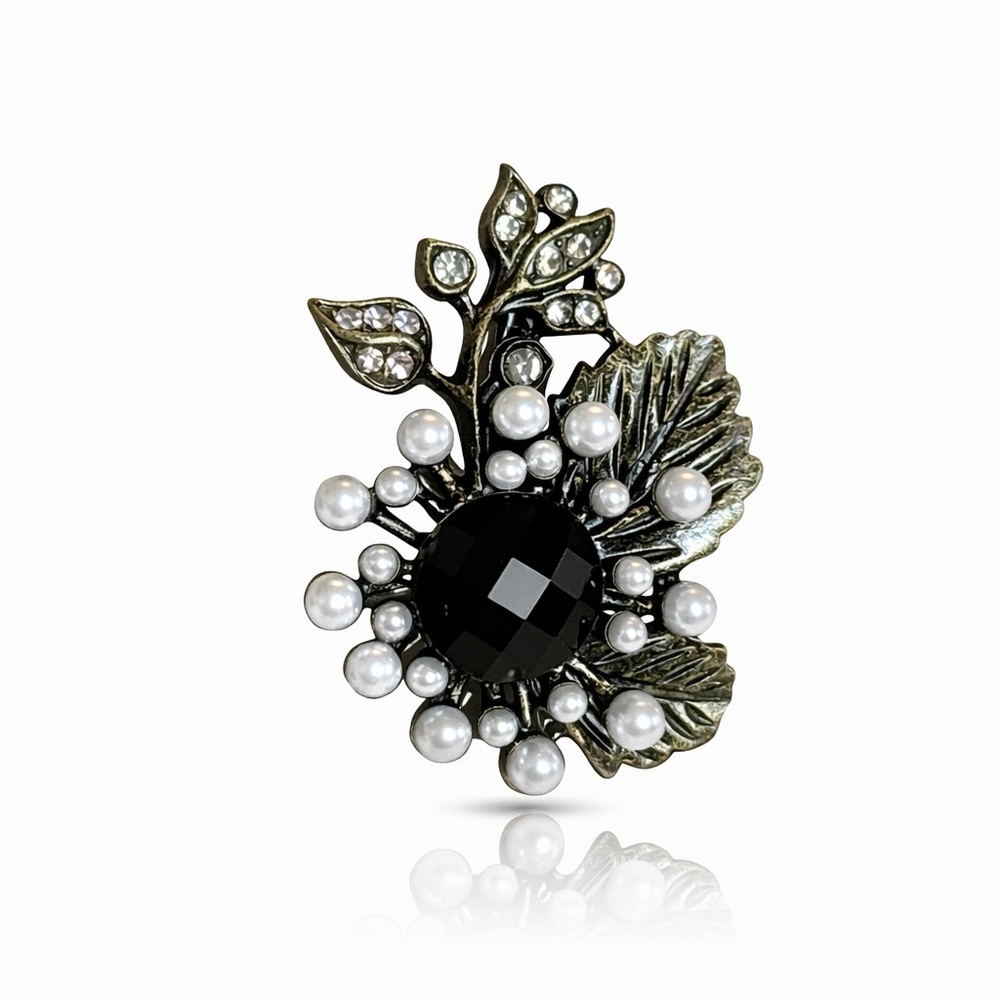 Vintage-Inspired Black Crystal & Pearl Floral Brooch
